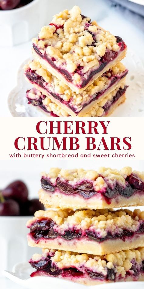 These cherry crumb bars have a buttery shortbread base, a thick layer of sweet cherries and a crumb topping. Perfect served cold from the fridge or with a scoop of ice cream #cherry #crumbbars #cheries #freshcherries #summer from Just So Tasty https://www.justsotasty.com/cherry-crumb-bars/ Triple Berry Bars, Thanksgiving Cherry Desserts, Frozen Sweet Cherry Recipes, Desserts With Canned Cherries, Cherry Shortbread Bars, Real Cherry Recipes, Easy Cherry Desserts Quick, Chocolate Cherry Cheesecake Bars, Cherry Bars For A Crowd