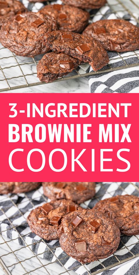 Easy Brownie Mix Cookies (3 Ingredients!) -- this quick & simple brownie mix cookies recipe turns out deliciously fudgy and chewy brownie cookies from a boxed mix in just about 15 minutes! I like the Ghirardelli mixes, but you can totally use your fave. With just 3 ingredients (4 if you add chocolate chips or chunks), this recipe is ideal for beginner bakers and busy moms... #brownies #browniecookies #brownierecipes #chocolatefudge #chocolate #chocolatechipcookies #fudgy #fudgybrownies Chewy Brownie Cookies, Cookies 3 Ingredients, 3 Ingredient Brownies, Brownie Mix Recipes, Brownie Mix Cookies, Easy Brownie, Quick Cookies, 3 Ingredient Cookies, Fitness Humor