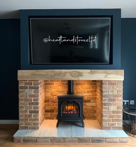 Electric Woodburner Fireplace Ideas, Floating Log Burner, Woodburner Living Room Ideas, Living Rooms With Log Burners, Wood Stove Next To Tv, New Build Log Burner, Lounge Log Burner, Tv Wall With Log Burner, Log Burner And Tv Wall