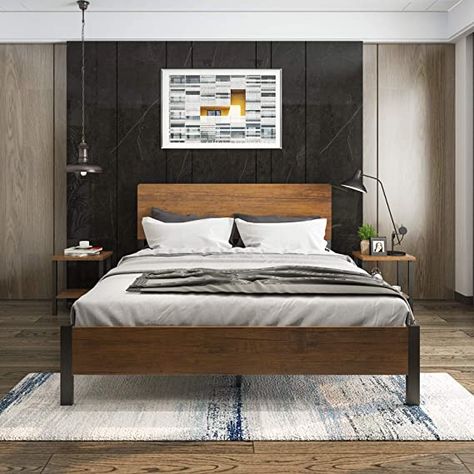 Amazon.com: ADORNEVE Queen Bed Frame with Headboard, Metal Bed Frame Rustic Bed Frame Steel Slat Support, 12.6 Inch Under-Bed Storage/Easy Assembly/No Box Spring Needed (Black/Brown): Home & Kitchen Live Edge Headboard, Rustic Platform Bed, Solid Oak Beds, Rustic Bed Frame, Oak Bed, Oak Beds, Full Bed Frame, Rustic Bedding, Queen Bed Frame