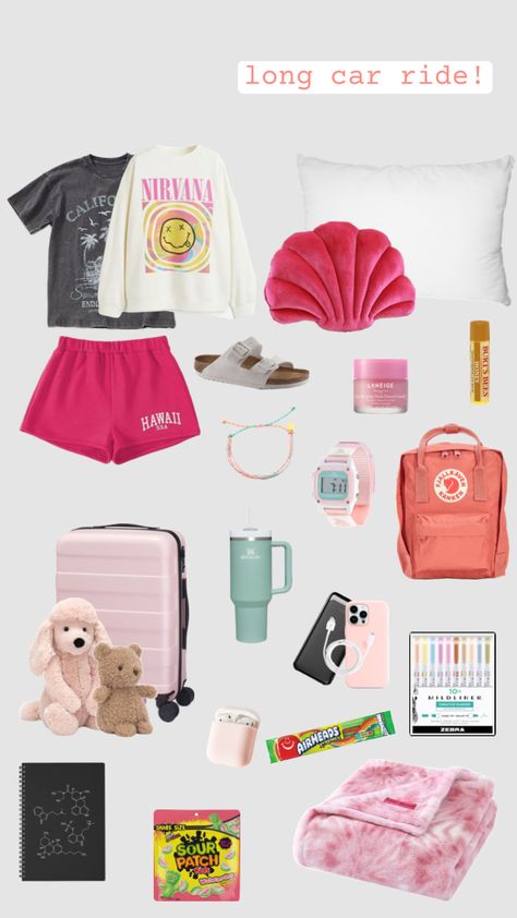 summer long car ride essentials! #roadtrip#fun#exciting#candy#clothes#summer#aesthetic#preppy Long Car Ride Outfits, Long Car Ride Essentials, Clothes Summer Aesthetic, Car Ride Essentials, Car Ride Outfit, Summer Road Trip Outfit, Summer Aesthetic Preppy, Shuffles Summer, Road Trip Bag