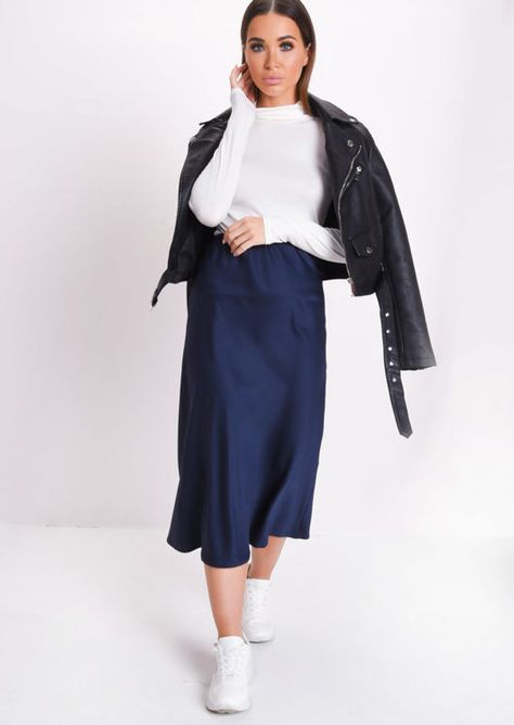 Blue Silk Skirt Outfit, Navy Midi Skirt Outfit, Blue Midi Skirt Outfit, Slip Dress Outfit Winter, Navy Skirt Outfit, Blue Skirt Outfit, Navy Silk Skirt, Midi Skirt Outfit Winter, Blue Satin Skirt