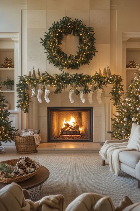 Corner Fireplace Christmas Tree, Winter Aesthetic Decoration, Cozy Christmas Fireplace Decor, Classy Christmas Living Room, Dreamy Christmas Decor, Christmas Fireplace Wreath, Christmas Decor For Open Floor Plan, Xmas Indoor Decor Ideas, Christmas Decorations Inside House