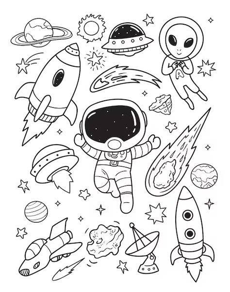 Astronaut Doodle Cute, Cute Outer Space Doodles, Doodle Space Drawings, Drawing Of Outer Space, Drawing Space Ideas, Space Doodles Easy, Cute Space Drawings, Doodle Art Space, Space Doodle Art