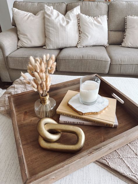 Coffee table tray, good decor, candle, ottoman tray Ottoman Coffee Table Tray Decor, Ottoman Decor Living Room Tray, Living Room Ottoman Decor, Ottoman Decor Living Room, Ottoman Tray Decor Ideas, Square Coffee Table Decor, Ottoman Tray Decor, Bohemian Bathrooms, Ottoman Coffee Table Decor