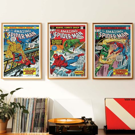 Spider-man Wall Art Marvel Comic Print X 3 Digital Download Vintage 1970s Retro Poster A1 2:3 Ratio Superheroes Gift SMCC007 - Etsy Comic Room Decor, Marvel Room Posters, Marvel Man Cave, Deco Marvel, Marvel Wall Print, Vintage Superhero Bedroom, Comic Book Bedroom, Comic Book Gallery Wall, Marvel Characters Wall Art