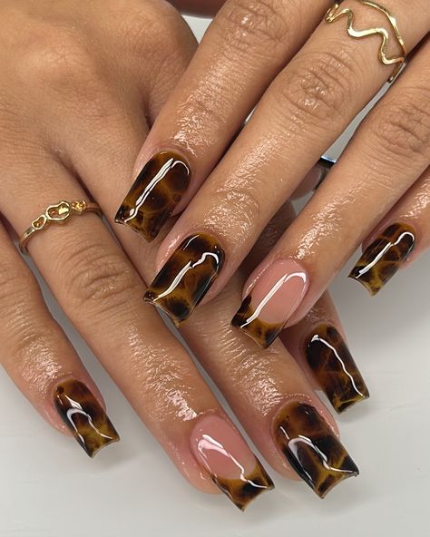 loving tortoise nails 🐢🤎🤎 - Service : Gel-x Tortoise Shell Nails French Tip Almond, Fall Nail Square Short, Biab Nails Tortoise Shell, Tortoise Nails Design French, Tortoise Shell Nails French Tip Short, Nail Ideas Tortoise Shell, Short Brown Marble Nails, Tortoise Brown Nails, Animal Print Nails Fall