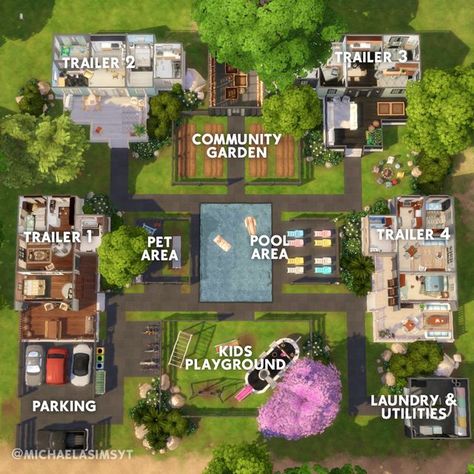 Michaela Sims | Sims 4 Builder ✨🇨🇿 on Instagram: "And now the floor plan of my Willow Creek Trailer Park 🌸 I included both the whole lot as well as all of the individual trailers, each has space for two adults and a child. I had a lot of fun playing with this concept and mixing and matching the traditional style with the more modern style 🥰  🌸 Willow Creek 🌸 50x50 🌸 $203,975  🌸 Origin ID: michaelasimsyt 🌸 Speed build on my YT channel, link in bio ________________ 🏷  the sims 4 | the sims 4 house | the sims 4 ideas | sims 4 speedbuild | sims 4 exterior  Game: @thesims | #thesims #thesims4 #sims4 #showusyourbuilds #ts4 #sims4build #simstagram #simsbuild" Sims 4 Exterior, Casas The Sims Freeplay, Sims 4 Houses Layout, Lotes The Sims 4, Sims Challenge, Sims 4 House, Sims Freeplay Houses, Sims 4 Challenges, Die Sims 4