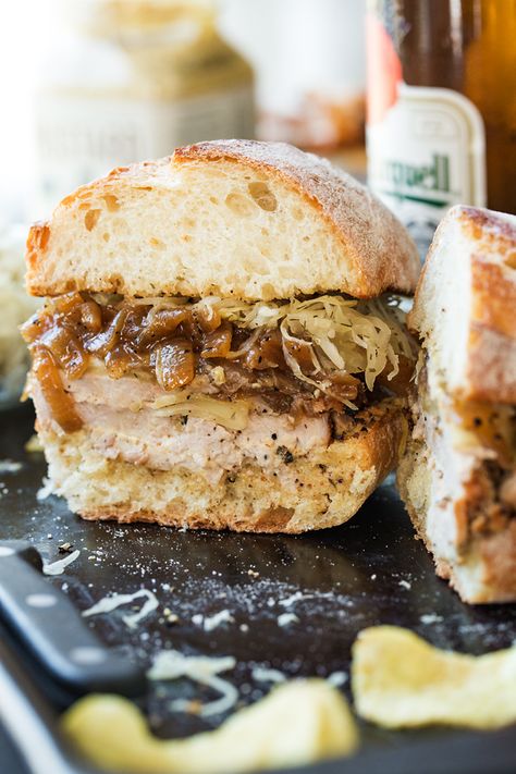 Pork Tenderloin Sandwich | thecozyapron.com Braised Onions, Sauerkraut Sandwich, Tenderloin Sandwich, Pork Tenderloin Sandwich, Roast Beef Sandwich, Tenderloin Roast, Leftover Pork, Pork Sandwich, Burgers Sandwiches