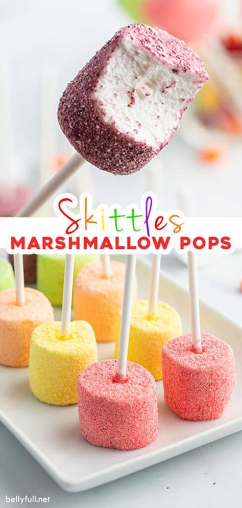 Pretty and fun rainbow marshmallow pops coated in Skittles powder. Perfect for a baby shower, parties, and leftover Halloween candy. Dunk them in vodka for a grown up treat! Easter Marshmallow Pops, Pink Skittles, Fair Desserts, Diy Birthday Treats, Skittles Recipes, Marshmellow Treats, Threenager Party, Rainbow Marshmallow, Colorful Recipes