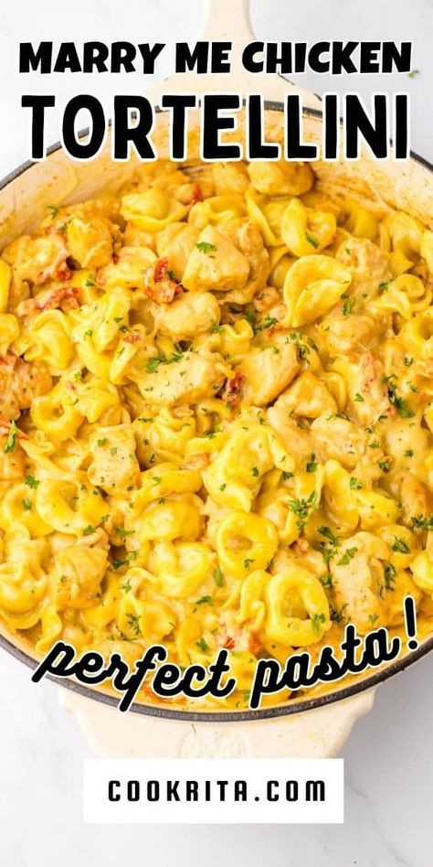 Indulge in the irresistible Marry Me Chicken Tortellini Pasta! Seasoned chicken bites, cheese-filled tortellini, and a butter cream sauce create a delectable one-skillet dinner. Ready in just 20 minutes, it's no wonder this dish went viral on TikTok! Chicken Parm Tortellini Bake, Tortellini Cheese Recipes, One Pan Chicken Tortellini, Recipes Using Tortellini And Chicken, Creamy Cheese Tortellini Recipes, Cheese Tortellini Chicken Recipes, Chicken Tortellini Recipes Instant Pot, Chicken Pesto Tortellini Crockpot, Tortellini And Rotisserie Chicken