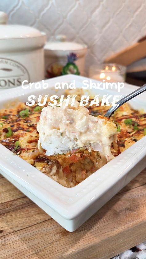 Crab and Shrimp Sushi Bake Shrimp Sushi Bake, Japanese Bbq Sauce, Crab Sushi, Blackened Chicken Recipe, Rice Seasoning, Crab And Shrimp, Japanese Bbq, Shrimp Sushi, Dessert Pasta