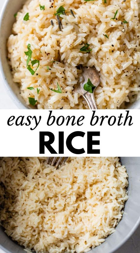 Rice Bone Broth, Cooking Rice With Chicken Broth, Rice And Broth Recipes, How To Use Bone Broth In Recipes, Recipes To Use Bone Broth In, Bone Broth Lunch Recipes, Rice In Bone Broth, Rice In Beef Broth, How To Cook With Bone Broth