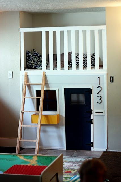 With a little DIY inspiration, any extra space in the house can be re-imagined into something kid-friendly. Thanks for this idea of turning a spot for a fireplace into a playhouse with a loft, Brooke! Creative Kids Rooms, Indoor Playhouse, Build A Playhouse, Reading Nooks, Kids Bunk Beds, Play Room, Play House, Bunk Bed, Kids Playroom