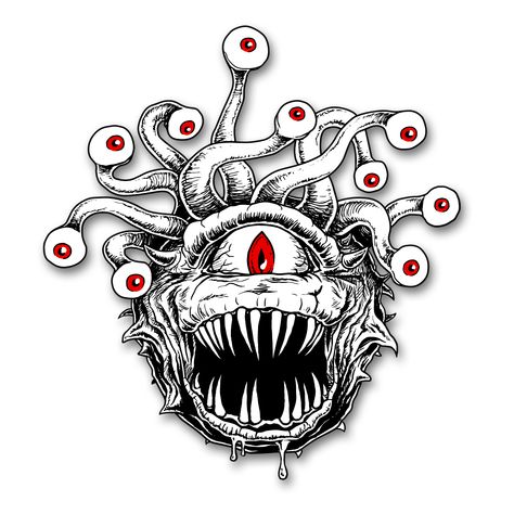 I like the large secondary eyes, the cats-eye pupil of the main eye, and the general shape of the eyestalks. I also love the red color for the eyes. This is my favorite beholder I've seen, despite being mostly black & white. Family Sleeve Tattoo, Battle Vest, Monster Tattoo, Medusa Tattoo Design, Monster Eyes, Dungeons And Dragons Art, Fantasy Tattoos, Monster Drawing, Chest Piece Tattoos