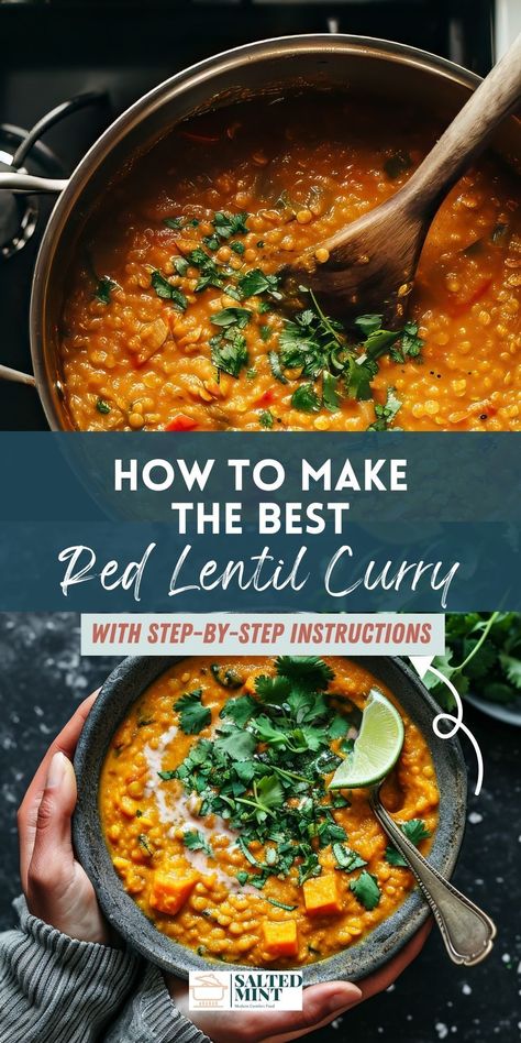 Whip up a quick and nutritious meal with this easy red lentil curry. Perfect for plant-based dinners, it blends red lentils with creamy coconut milk for a simple yet satisfying dish. Ideal for any night, this recipe is a great addition to your healthy dinner ideas, offering a wholesome twist on traditional dhal. Enjoy a comforting, effortless vegetarian lentil recipe that's both healthy and delicious. Easy Dahl Recipe, Red Lentil Recipes Easy, Red Lentil Curry Soup, Indian Lentil Curry, Lentil Recipes Indian, Indian Lentil Soup, Red Lentil Dahl, Lentil Dhal, Dhal Curry