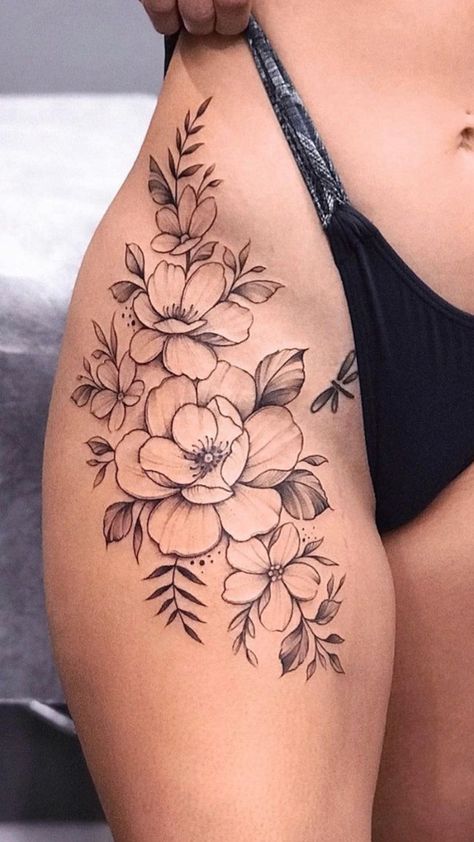 Lea Tattoo, Hip Tattoo Designs, Floral Thigh Tattoos, Flower Thigh Tattoos, Hip Thigh Tattoos, Hip Tattoos, Hip Tattoos Women, Tattoos Women, Leg Tattoos Women