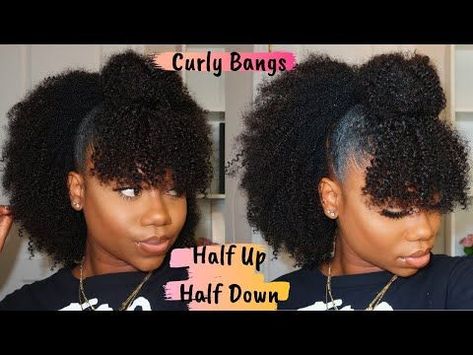 Pin on All Natural High Puff Long Natural Hair, Short Natural Hairstyles With Bangs, Half Up Half Down With Clip Curly Hair, Half Up Natural Hairstyles, Faux Bangs Natural Hair, Natural Hairstyles For Black Women With Bangs, Natural Hair Styles With Bangs, Half Up Natural Hair, Bun With Bangs Black Women Natural Hair