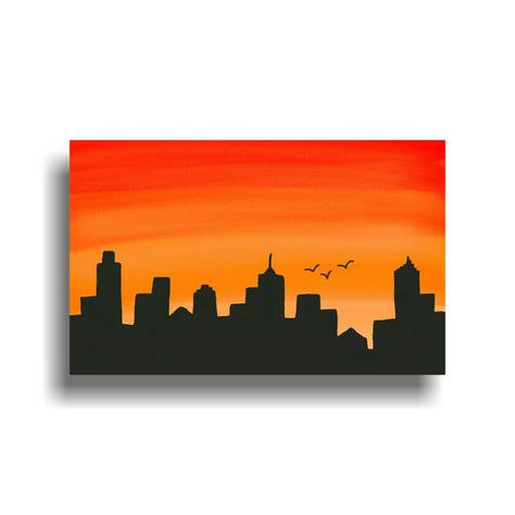 Aesthetic Sky Drawing Easy, Sunset Painting Ideas Easy Simple, Sunset Small Canvas, Buildings Painting Easy, Watercolor Drawing Landscape Easy, Sunset Building Painting, Sunset Scenery Painting Easy, Scenery Landscape Drawing, Canvas Painting Ideas Aesthetic Scenery