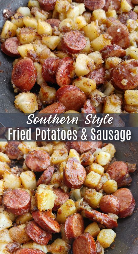 Southern Fried Potatoes & Sausage! A simple budget-friendly recipe for a one-pan skillet meal with smoked sausage, onions and southern-style fried potatoes. Fried Potatoes And Sausage, Southern Fried Potatoes, Smoked Sausage And Potato Recipe, Potatoes And Sausage, Sausage Recipes For Dinner, Smoked Sausage Recipes, Sausage Dinner, Kielbasa Recipes, Easy Skillet Meals