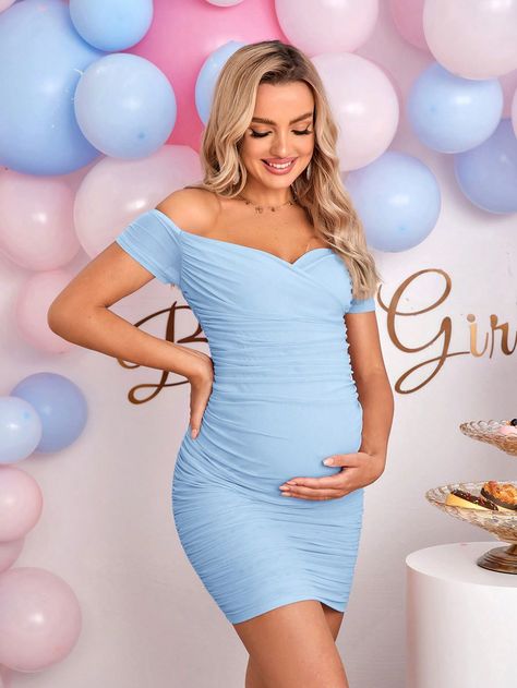 Celeste Elegante Collar manga corta Tela tejida Liso Apretado Embellished Elástico Ligero Pink Baby Shower Dress, Short Maternity Dress, Vestidos Para Baby Shower, Gender Reveal Dress, Maternity Fashion Dresses, Pink Maternity Dress, Blue Maternity Dress, Dress For Pregnant Women, Dress Elegant Short