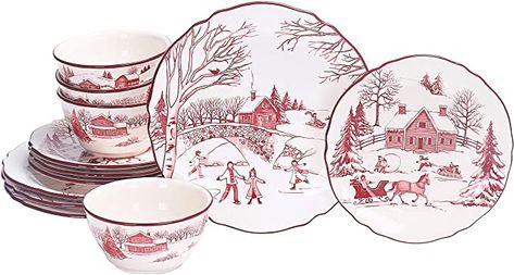 Amazon.com | Bico Toile de Jouy Winter Wonderland Ceramics 12pcs Dinnerware Set, Service for 4, Inclusive of 11 inch Dinner Plates, 8.75 inch Salad Plates and 25oz Bowls, for Party, Microwave & Dishwasher Safe: Dinnerware Sets Spode Woodland, Italian Dinnerware, Dinnerware Storage, Christmas China, Ceramic Dinnerware Set, Christmas Dinnerware, Kitchen Dinnerware, Christmas Dishes, Ceramic Dinnerware