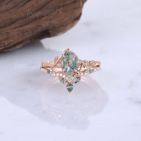 Rose Gold Moss Agate Engagement Ring, Wedding Rings Moss Agate, Engagement Ring Stones, Rose Gold Wedding Ring Set, Moss Agate Wedding Ring, Pear Moss, Agate Wedding Ring, Gold Wedding Ring Set, Cute Promise Rings