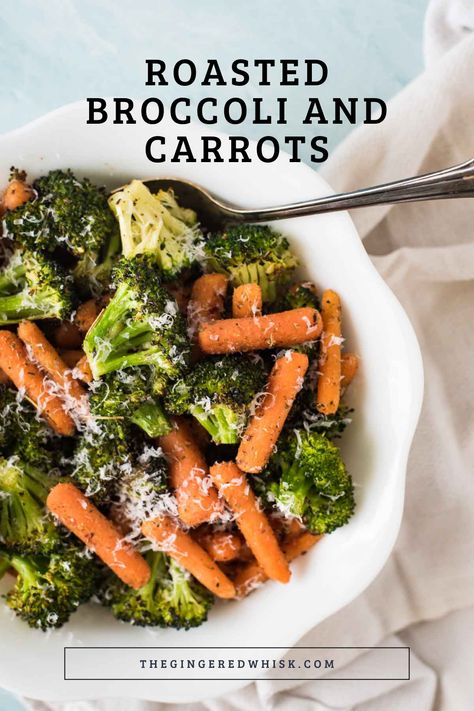 Roasted broccoli and carrots is a perfect weeknight side dish. Broccoli florets and baby carrots are roasted to perfection with herbs and topped with fresh parmesan cheese. A family favorite! Sides With Broccoli, Roasted Brocolli And Carrots, Broccoli Mixed Vegetables, Baked Carrots And Broccoli, Fancy Broccoli Side Dish, Carrot And Broccoli Side Dish, Roasted Carrots And Broccoli Oven, Carrot Broccoli Recipes, Oven Roasted Broccoli And Carrots