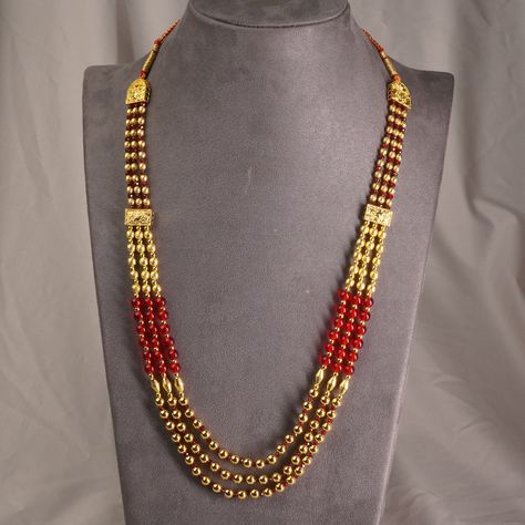 A new long gold plated mala design in 3 layers for a regal look. Made with red beads , spot mani beads , and crystals this is a perfect fit for your traditional attire! Link in bio! Whatsapp - 9403830260 Price- 790/- #mala #bormala #goldbormala Mala Design, Bio Whatsapp, Red Beads, Traditional Attire, Red Bead, 3 Layers, Instagram A, Link In Bio, Gold Plate