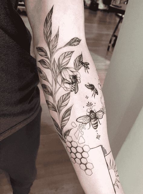 Bumble Bee Tattoo Forearm, Bee And Hexagon Tattoo, Bee Tattoo Sleeve Flower, Beehive Tattoo Sleeve, Big Bee Tattoo, Honey Comb And Bees Tattoo, Floral Bee Tattoo Design, Honeycomb Leg Tattoo, Large Bee Tattoo