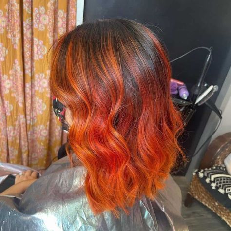 Orange Hair Bright, Fire Ombre Hair, Dark Orange Hair, Orange Ombre Hair, Burnt Orange Hair, Hair Color Orange, Peekaboo Hair, Bright Hair, Long Brown Hair