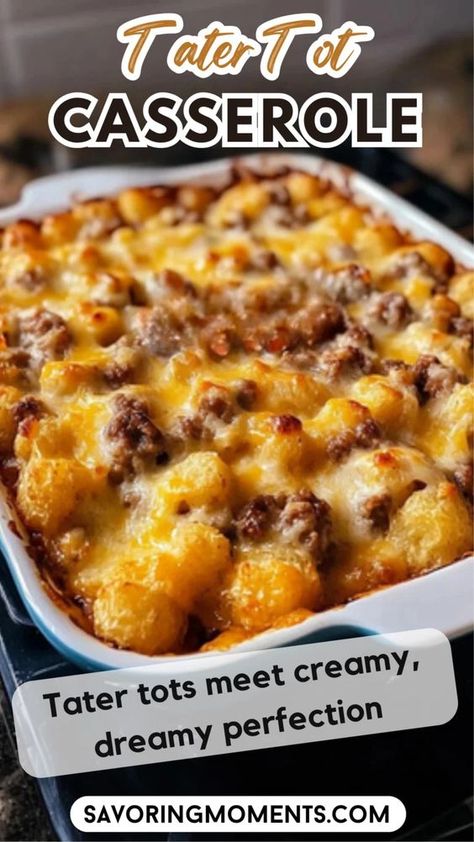 Satisfy your cravings with this rich and hearty casserole featuring ground beef, veggies, cheese, and a tater tot topping that’s irresistibly crispy. Discover how easy this recipe is – click for details #onePanMeals #taterTotCasserole #simpleDinnerIdeas #comfortFoodCravings #easyCasseroleRecipe #quickAndDelicious #dinnerTimeMagic #heartyAndCheesy #taterTotTopping #familyFriendlyMeals Keto Tater Tot Casserole, Tater Tot Pizza Casserole, Hamburger And Tater Tot Recipes, Tatie Tot Casserole Ground Beef Easy, Tater Tot Hot Dish Recipes, Quick Meals For Dinner Easy Ground Beef Casserole Recipes, Gator Tot Casserole, Easy Ground Beef Casserole Recipes For Dinner, Healthy Tater Tot Casserole