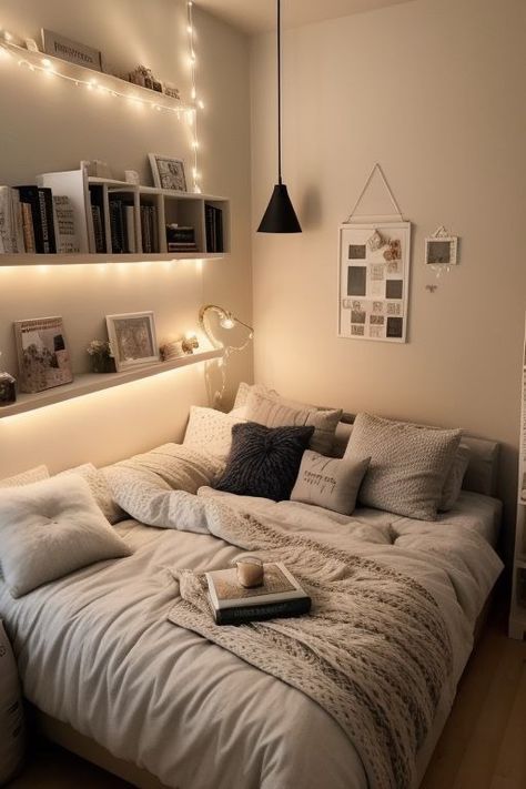 Tiny Bedroom Decor Ideas Small Rooms, Room Ideas Aesthetic Soft, Share A Room Ideas, Room Decor Ideas Grey Walls, Casual Bedroom Aesthetic, Room Layouts For Small Bedrooms, Comfy Room Decor Bedroom Ideas, Bedroom Comfy Aesthetic, Full Bed Ideas Small Rooms Layout