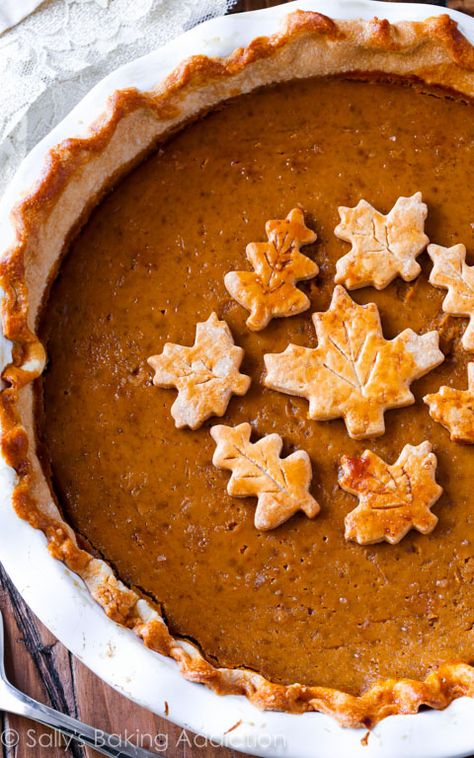 This is the great pumpkin pie recipe. I tested several recipes and this one is the absolute best. The secret ingredient puts it over the top! Pumpkin Pie Recipe Sally, Pumpkin Pie With Leaves On Top, The Great Pumpkin Pie Recipe, Punkin Pie Recipe, Shaped Pie, Sallys Baking, Best Pumpkin Pie, The Great Pumpkin, Pumpkin Pie Recipe