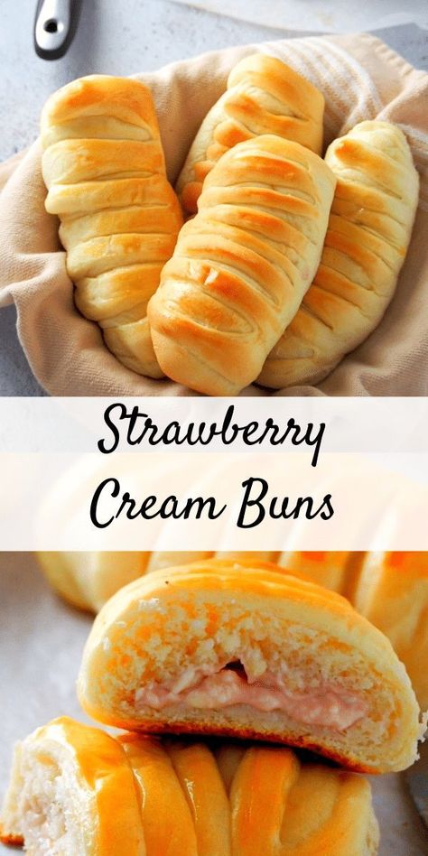 Soft bread filled with a sweet strawberry cream cheese filling, You will love these Strawberry Cream Buns for a sweet bread treat anytime. #strawberrybread #Strawberryrolls #sweetbuns Cheese Danish, Japanese Pastry Recipes, Sweet Buns, Cookbook Inspiration, Strawberry Cream Cheese Filling, Cream Buns, Cream Bun, Strawberry Bread, Soft Bread