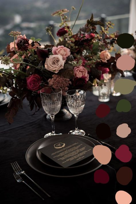 Dark Wedding Colors Colour Palettes, Dark Rustic Wedding Color Schemes, Wedding Color Combos Black, Black Wedding Palette Colour Schemes, Moody Wedding Centerpieces Diy, Moody Winter Wedding Decor, Dark Floral Color Palette, Dark Academia Wedding Colors, Moody Spring Wedding Colors