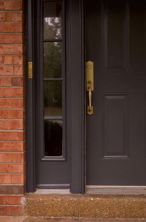 Front Door On Colonial House, Hardware For A Black Front Door, Traditional Home Front Door, Paint A Front Door To Look Like Wood, Exterior Door Molding, Dark Grey Front Door Exterior, Painted Brown Front Door, Front Door Black Paint Color, Black Front Door Colors