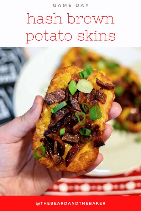 These loaded hash brown potato skins are made with frozen hash browns and topped with cheese, bacon, and green onions. Perfect for Game Day watching! #beardandbaker #potatoskins #loadedpotatoskins #hashbrowns #loadedhashbrowns #hashbrownpotatoskins Loaded Hashbrowns, Frozen Hash Browns, Hash Brown Patties, Savory Snack Recipes, Patties Recipe, Football Sunday, Hash Brown, Hash Browns, Potato Skins