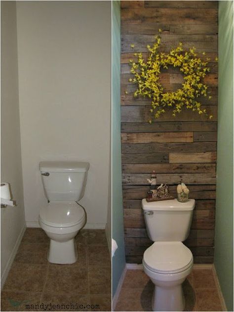 pallet wood wall bathroom suite that's off of our bedroom & it would coordinate w/ the pallet headboard...so gonna use this :) Trailer Hacks, Makeover Kamar Mandi, Koti Diy, Diy Pallet Wall, Bilik Air, Interior Boho, Reclaimed Pallets, Compact Bathroom, Wood Pallet Wall