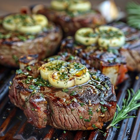 Grilled Ribeye Steaks with Roasted Garlic and Herb Butter Recipe Steaks On Grill, Herb Butter Steak, Luxury Restaurant Food, Grilled Ribeye Steak Recipes, Herb Butter For Steak, Steak On The Grill, Garlic And Herb Butter, Herb Butter Recipe, Luxurious Family