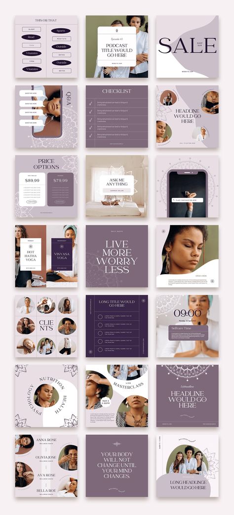 Beauty natural Esthetician Canva Instagram aesthetic Template Design for coaches Service based Small Business like skincare, Esthetician Makeup artist, lash and eyebrows hairstylist, spa salon facials, beauty blogs. Social media graphics post and story engagement booster, quotes, questions, price list, menu template layouts. Good Post ideas. Cute minimal. what to post on instagram. Beauty influencer, massage therapist. waxing. lash and hair extension. Instagram Layout Templates, Holistic Coach, Messages Instagram, Wellness Instagram, Instagram Design Layout, Purple Mandala, Instagram Feed Layout, Coach Instagram, Bookstagram Inspiration