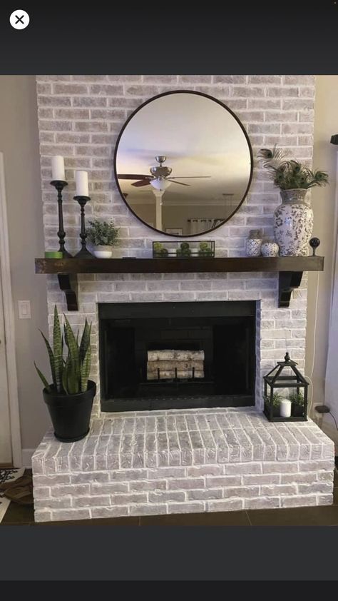 #farmhouseideas #farmhousehomedecor #rustic White Wash Brick Fireplace, Farmhouse Fireplace Decor, Diy Farmhouse Ideas, White Brick Fireplace, Painting Front Porch, Brick Fireplace Makeover, Fireplace Mantle Decor, Painting Concrete Porch, Fireplace Mantel Decor