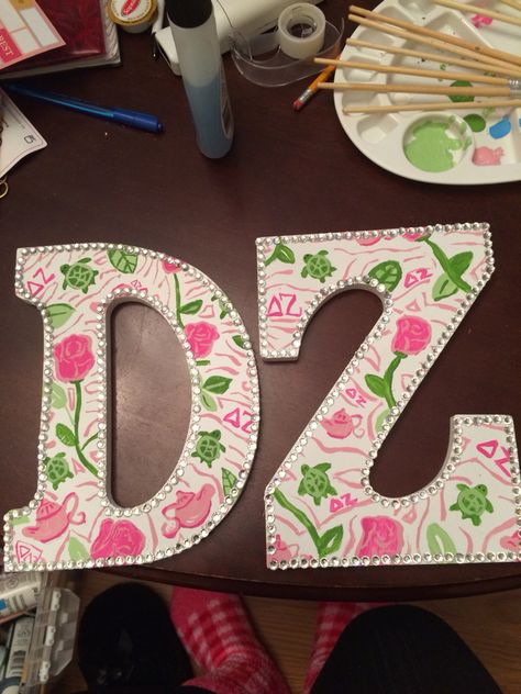 Delta Zeta Letters Painted, Dz Letters Painted, Delta Zeta Painting Canvases, Delta Zeta Aesthetic, Painted Letters Sorority, Tri Delta Painting, Delta Zeta Painting, Sorority Letters Painted Wooden, Sorority Painted Letters