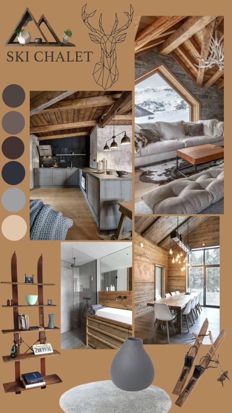 Mountain Home Mood Board, Ski Chalet Color Palette, Rustic Mood Board Interior Design, Chalet Moodboard, Mountain Mood Board, Chalet Aesthetic, Lodge Furniture, Chalet Chic, Log Cabin Interior