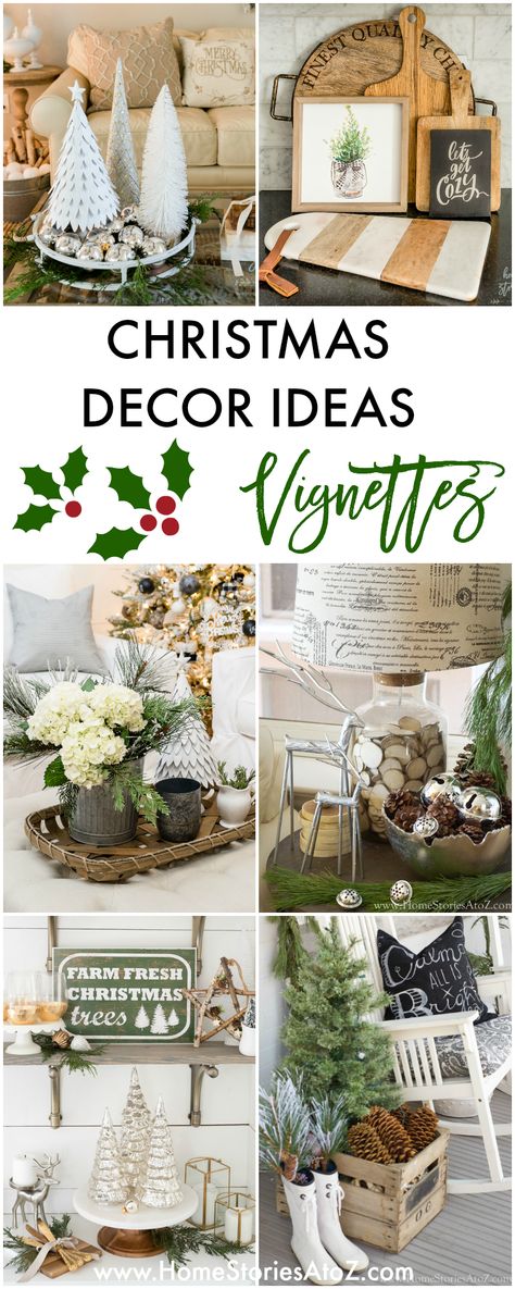 Christmas Decor Ideas - Christmas Vignettes by Home Stories A to Z Christmas Table Decor Ideas, Christmas Vignette, Christmas Vignettes, Cozy Christmas Decor, Fresh Christmas Trees, Cute Christmas Tree, Nature Inspired Decor, Free Christmas Printables, Farmhouse Charm