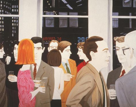 Alex Katz. The Cocktail Party (1965). Oil on Canvas, 72x96 inches. Collection Paul Jacques Schupf, New York. Alex Katz, Willem De Kooning, Expressionist Painting, Figurative Artists, Group Of People, Jackson Pollock, Study Style, Art Pop, Red Coat