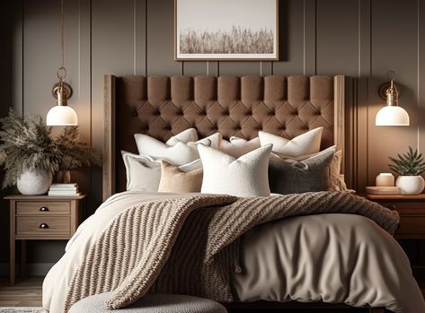 What colour goes with taupe? 10 cosy colours 2024 | Checkatrade Gold And Taupe Bedroom, Headboard Colour Ideas, Taupe Bedframe Bedroom Ideas, Brown And White Bedroom Aesthetic, Gray Taupe Bedroom, Moody Taupe Bedroom, Brown Colour Bedroom, Brown Headboard Bedroom Color Schemes, Taupe Bedroom Ideas Colour Schemes