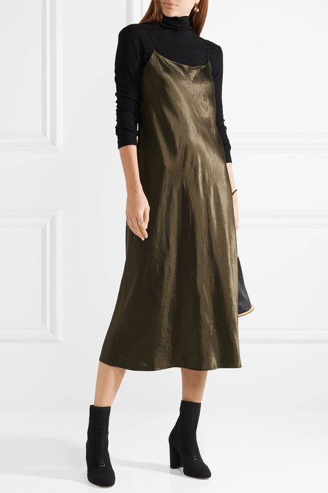 slip dress with turtleneck and boots Satin Dress Outfit Casual, Dress Over Turtleneck, Slip Dress Outfit Ideas, Slip Dress Outfit Winter, Satin Slip Dress Outfit, Pencil Skirt Outfits Casual, Satin Dress Outfit, Layered Slip Dress, Maxi Dress Outfit Fall