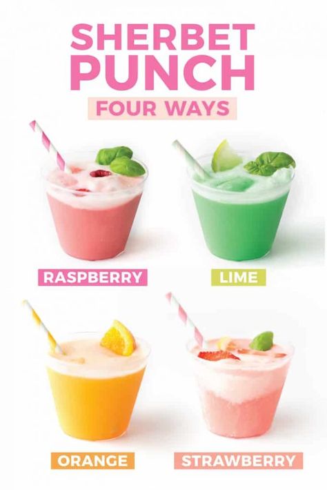 4 Different Sherbet Punch Recipes - Orange, Raspberry, Lime, Strawberry Best Sherbet Punch Recipe, Sorbet Punch, Punch For Kids, Design Eat Repeat, Punch Recipes For Kids, Best Punch Recipe, Sherbet Punch Recipes, Sherbet Recipes, Sherbet Punch