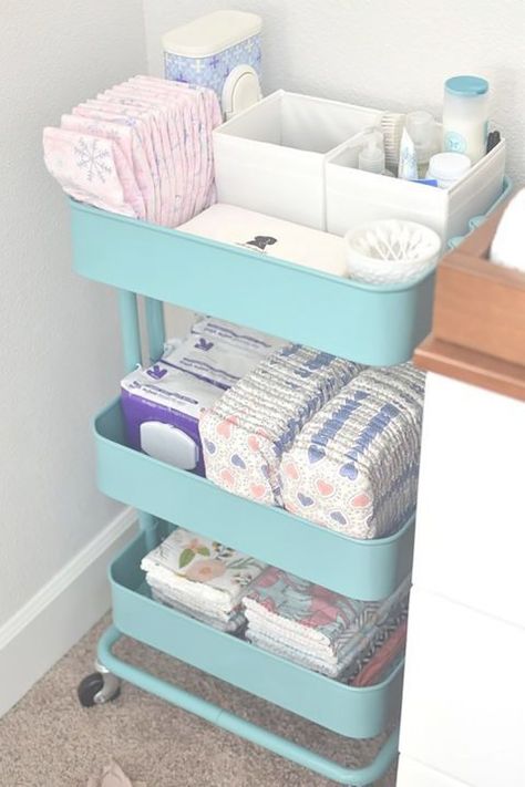 Raskog Ikea, Diaper Station, Cozy Baby Room, Baby Clothes Storage, Diaper Changing Station, Baby Room Organization, Fun Nursery, Girl Nursery Room